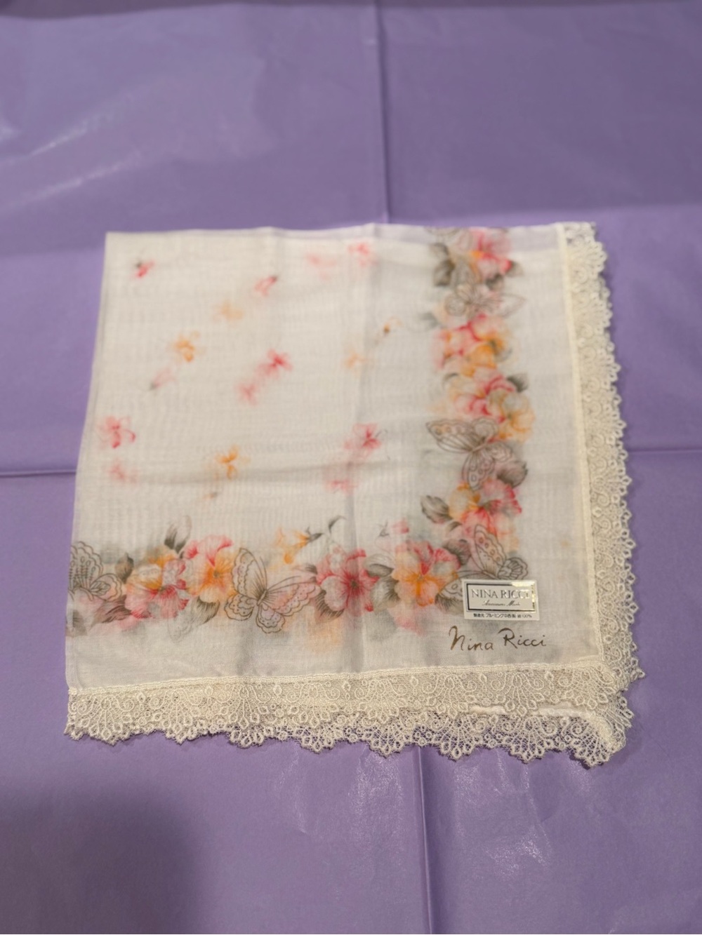 Nina Ricci Cream Floral & Butterfly Lace-Trim Scarf Handkerchief 16 by 16